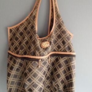 Designer Canvas Tote Bag Geometric Print Tan Beige Zipper Pockets